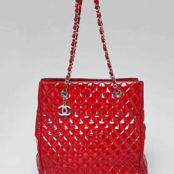 Chanel Red Quilted Patent Leather North/South Tote Bag - Picture 1 of 12